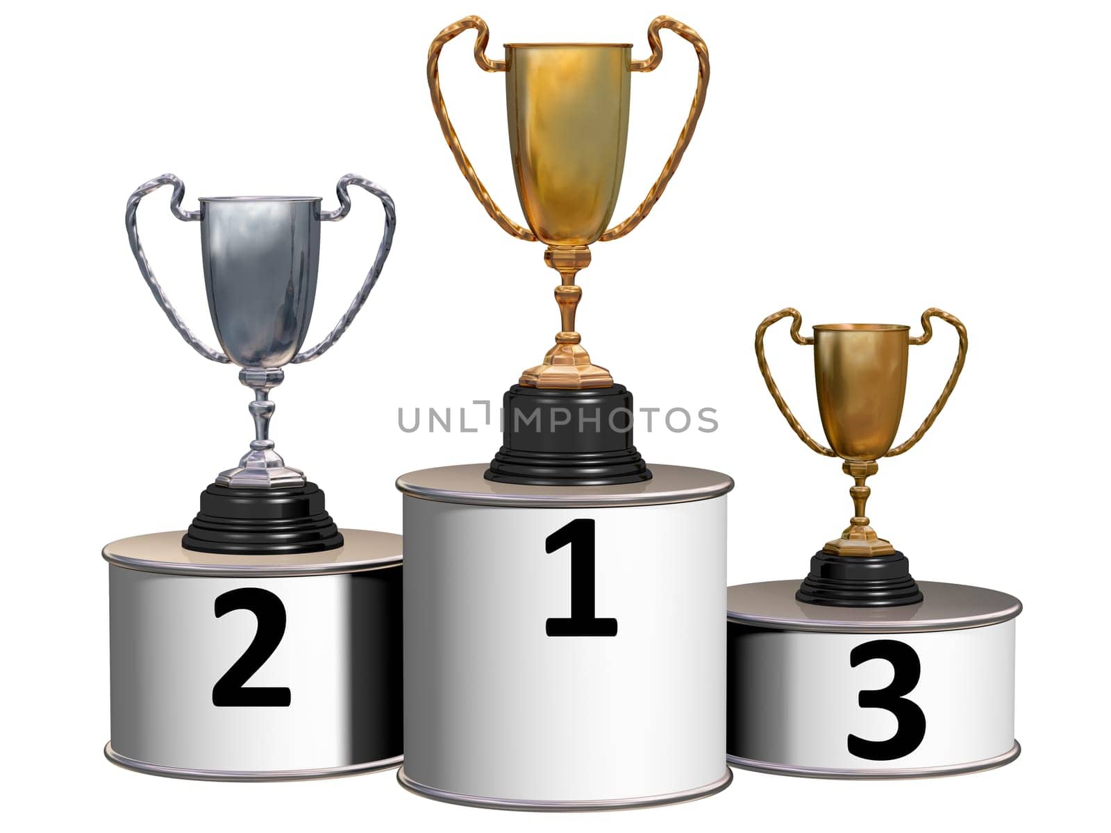 Illustration of highly polished trophies on a podium showing first, second and third places.