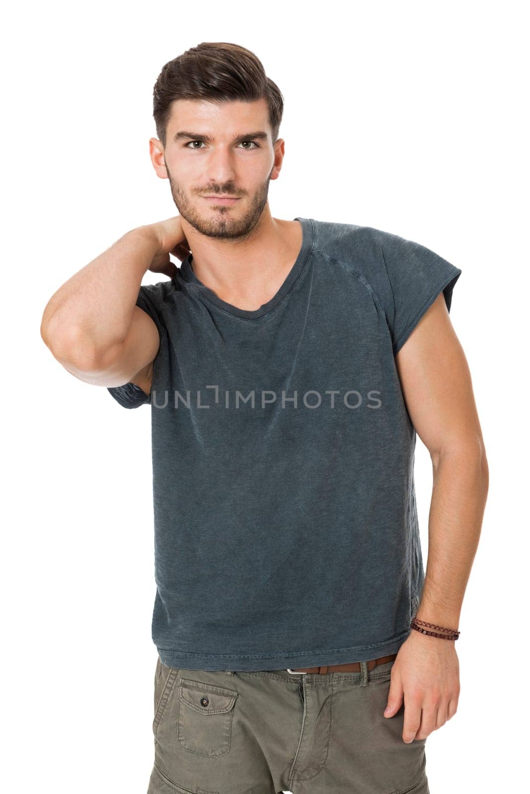 bearded young man with a beautiful smile with charismatic cotton T-shirt laughing isolated on white background