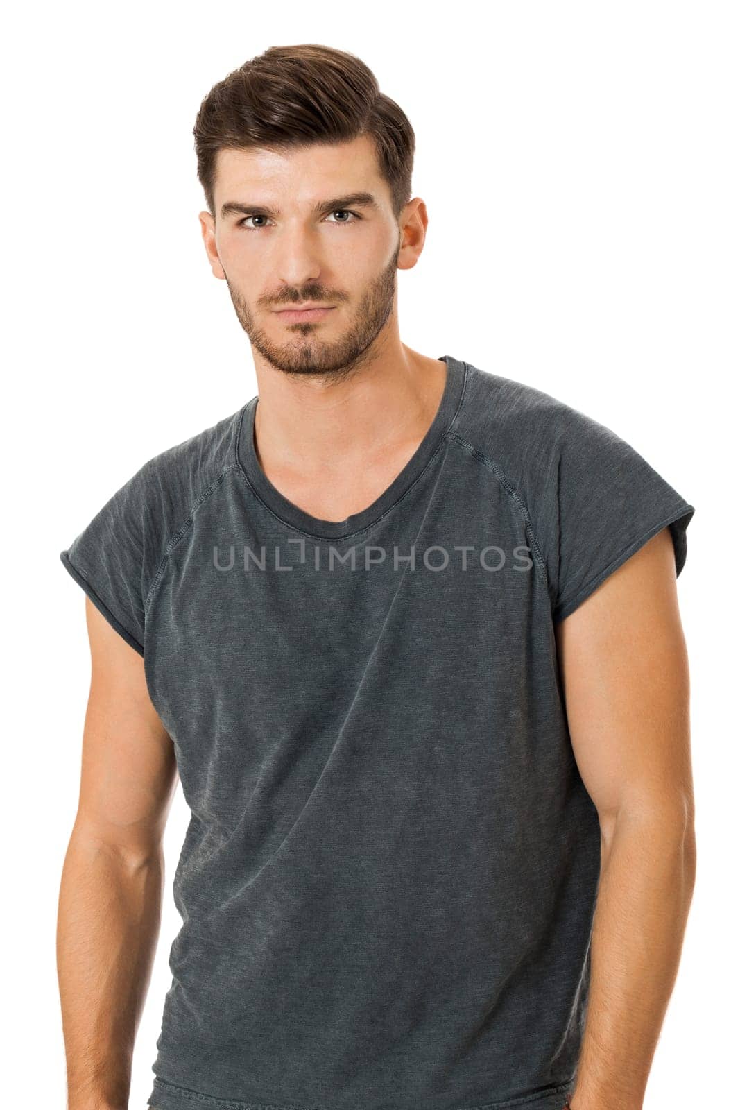 bearded young man with a beautiful smile with charismatic cotton T-shirt laughing isolated on white background