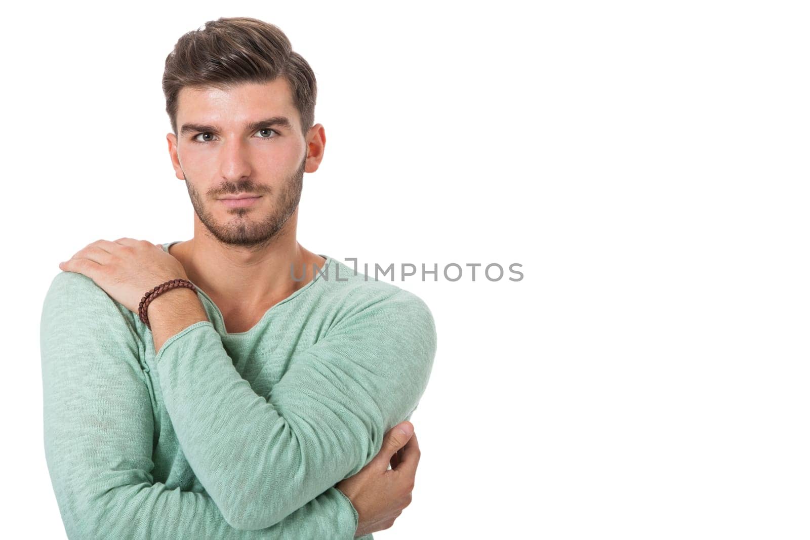 Good looking young man attractive in casual clothes with beard portrait isolated on white background