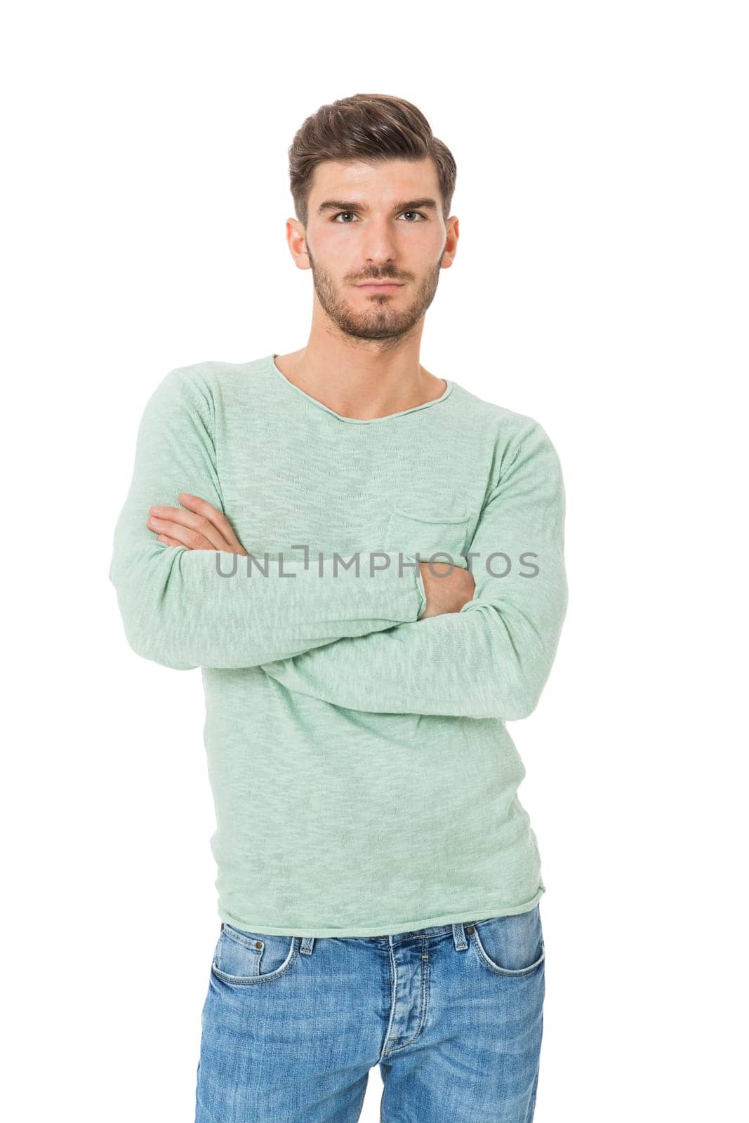 Good looking young man attractive in casual clothes with beard portrait isolated on white background