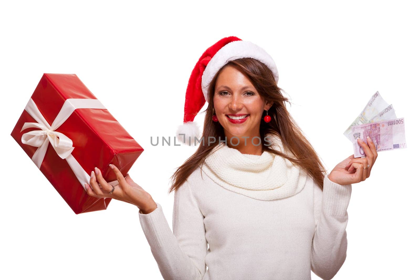 Beautiful young woman with Santa hat with a big red Christmas gift and cash final sale Isolated on white with text free space freeholder