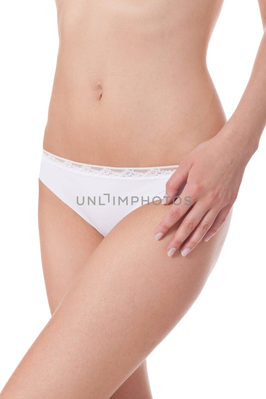attractive sexy woman's body in white underwear with briefs and bra insulated against white background