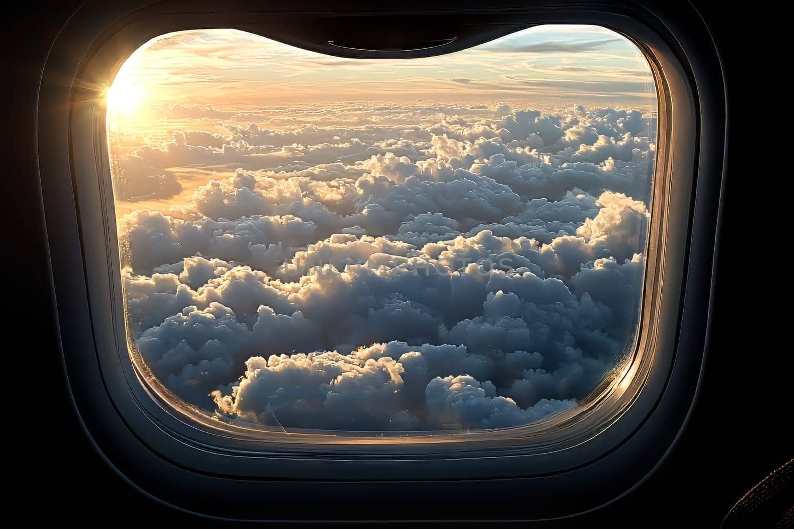 Golden sunlight peeks through fluffy clouds as seen from an airplane window, capturing the beauty of evening skies during flight.