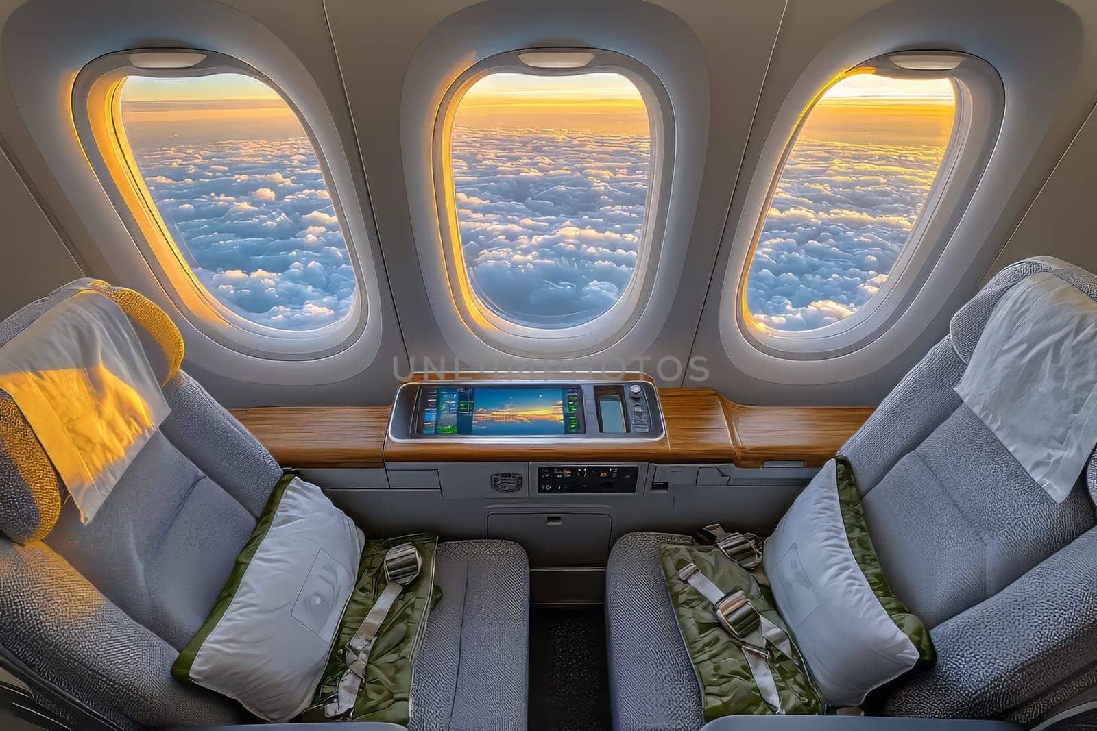 Passengers experience stunning views of the sunset over the clouds while seated in a spacious airplane cabin, ready for travel.
