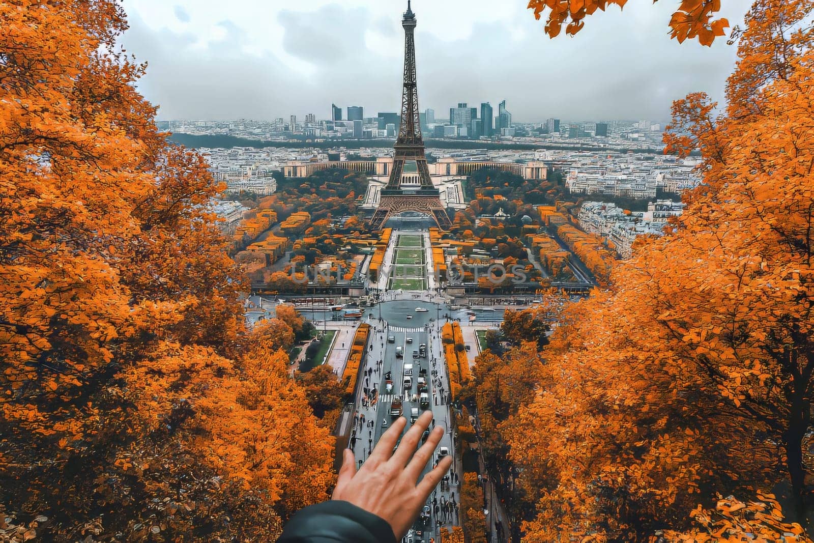 Visitors admire a stunning view of the Eiffel Tower surrounded by vibrant autumn colors and the urban skyline of Paris.