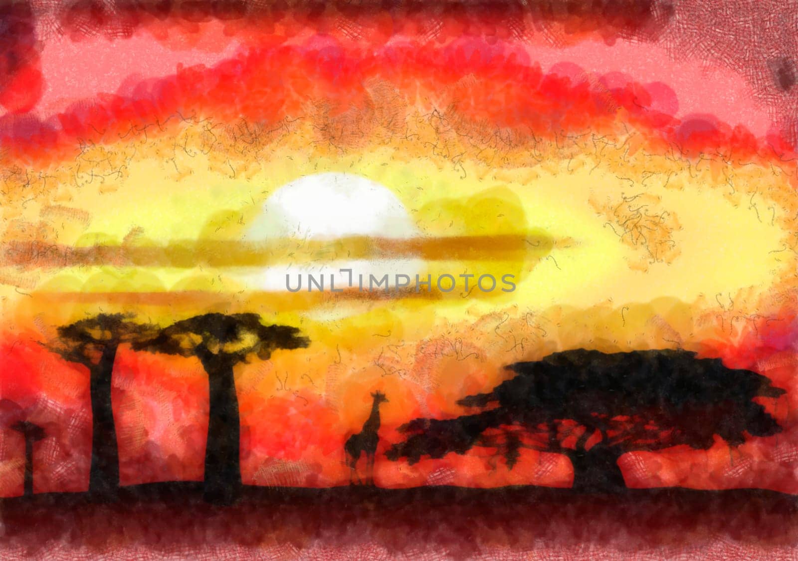 Drawing of the Africa sunset - mixed media - digitally altered
