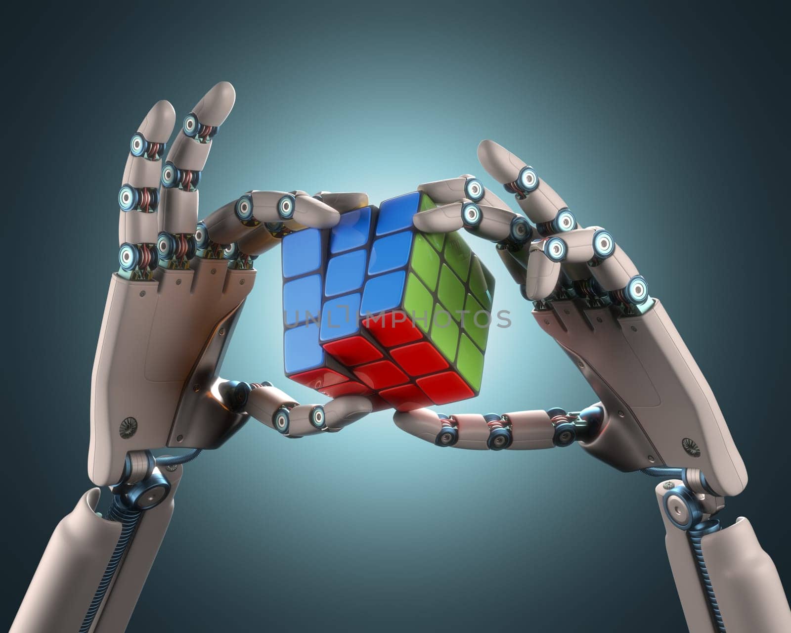 Robotic hand holding a colorful cube. Clipping path included.