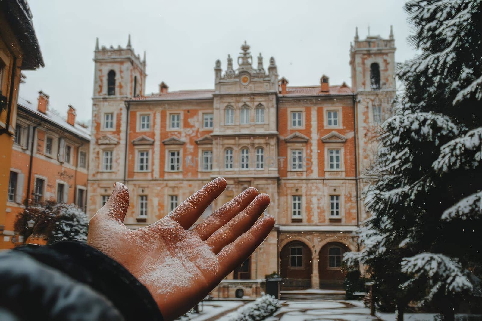 A hand reaches out to catch snowflakes in a vibrant courtyard surrounded by stunning historical buildings in winter.