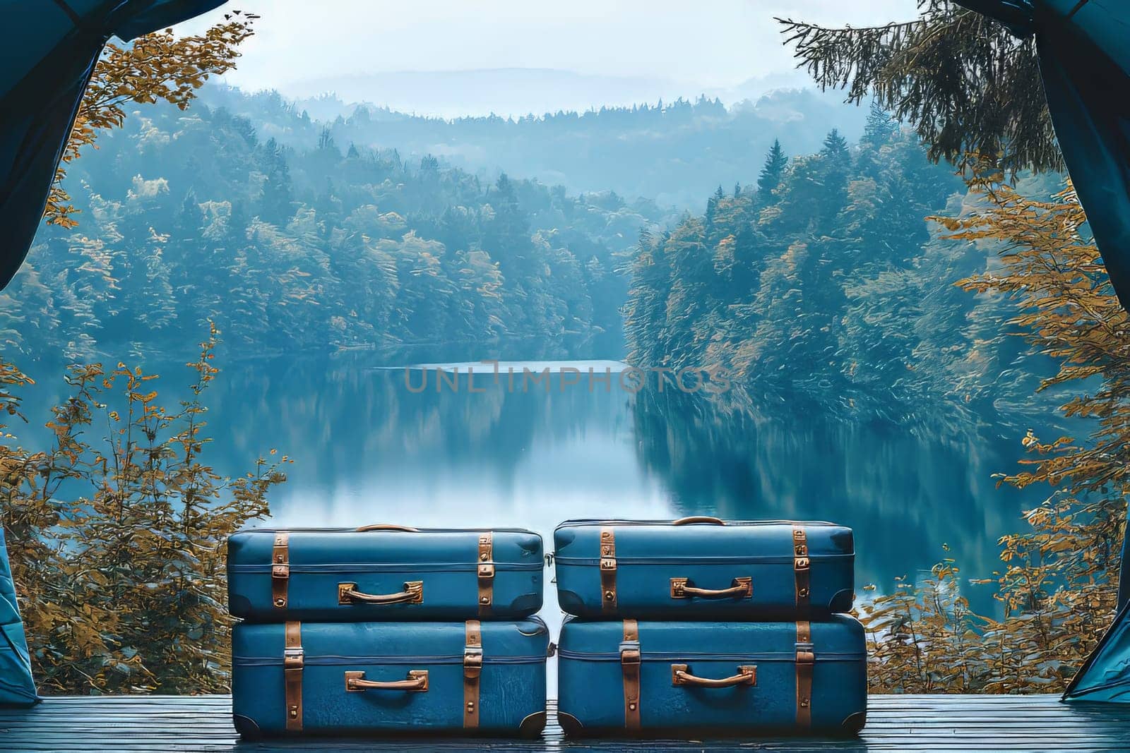 Two blue suitcases rest by a serene lake, framed by mountains and trees, capturing the peacefulness of nature in the morning.