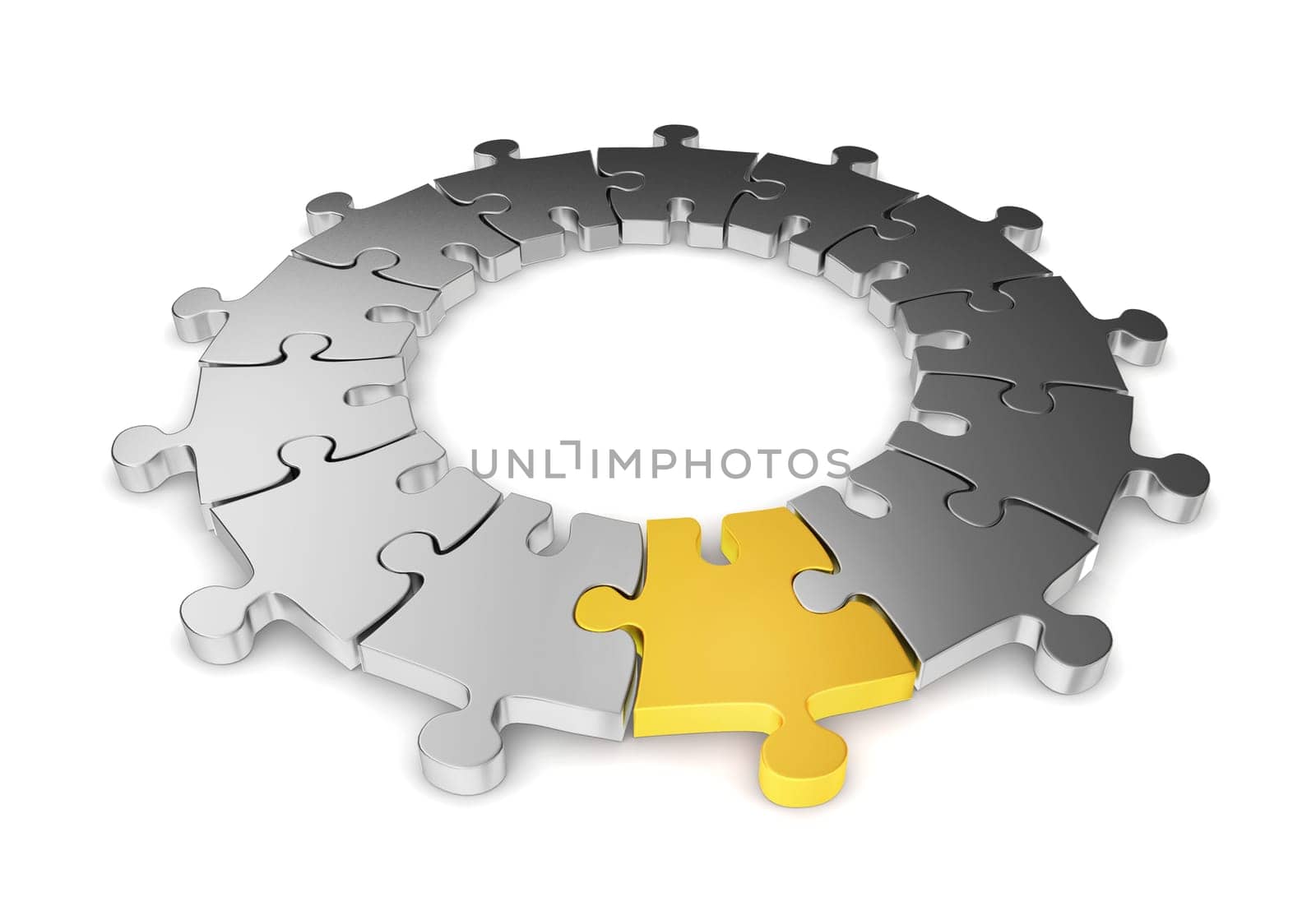 Jigsaw ring with unique one. 3d illustration on white background