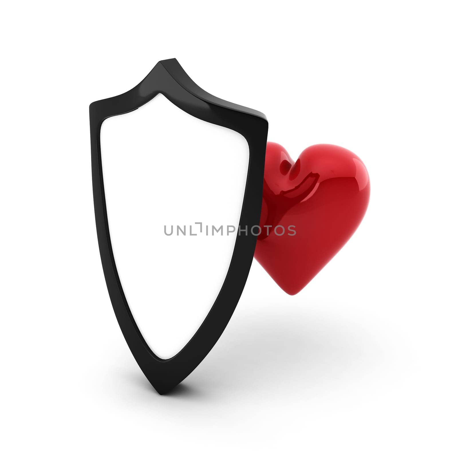 3d render of white shield and red heart behind