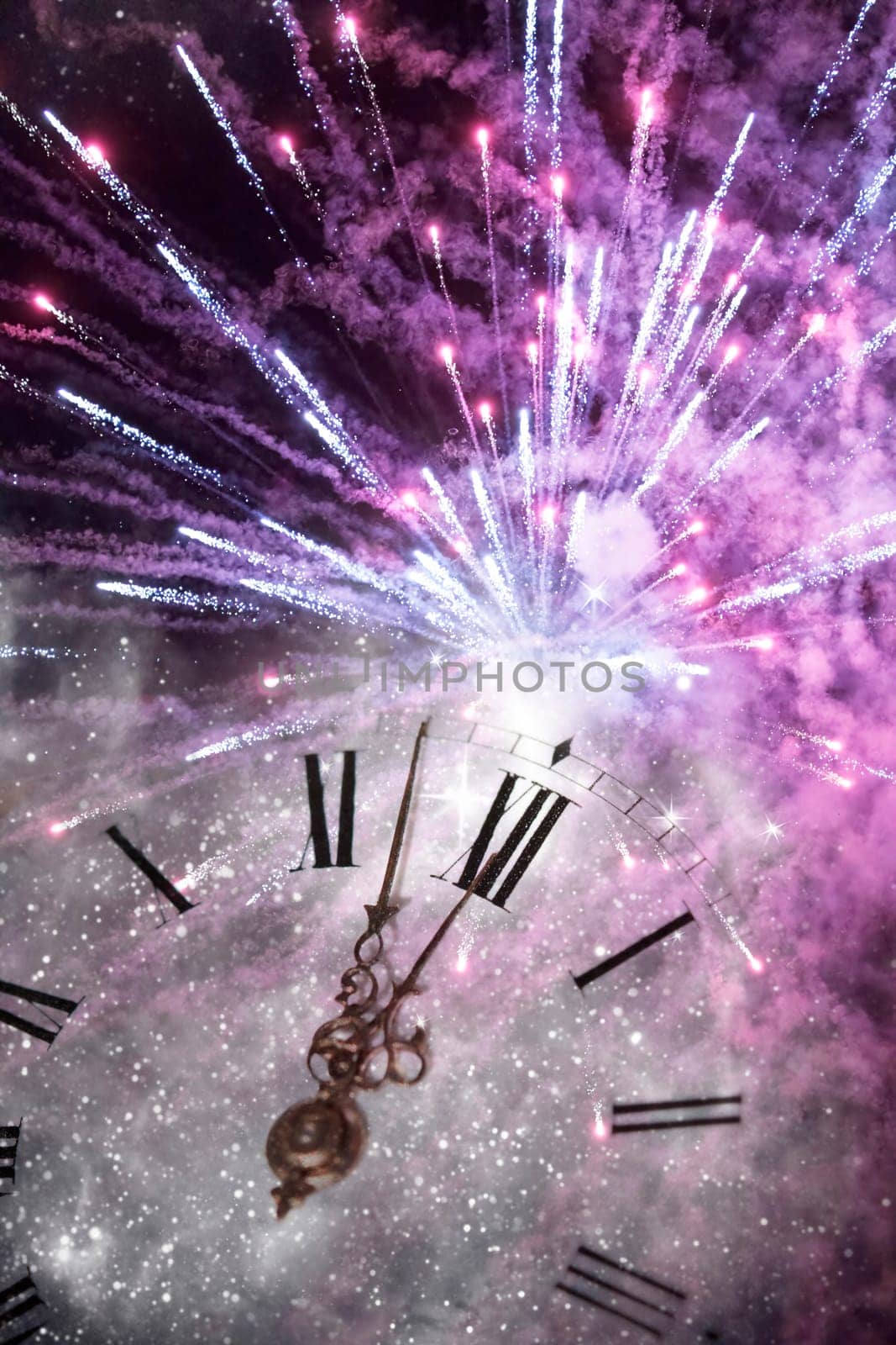 New Year's at midnight - Old clock with stars snowflakes and holiday lights