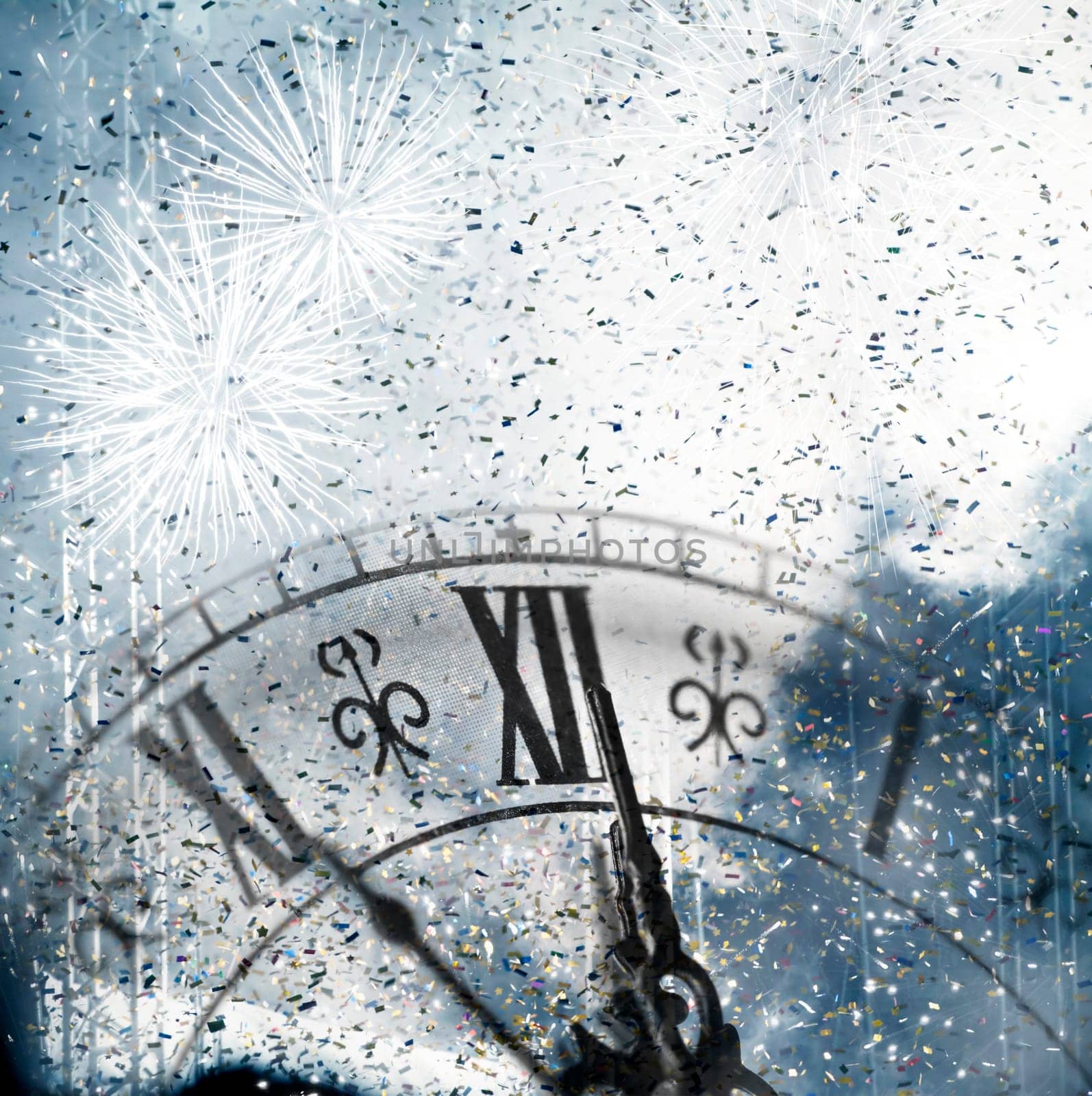 New Year's at midnight - Old clock with stars snowflakes and holiday lights