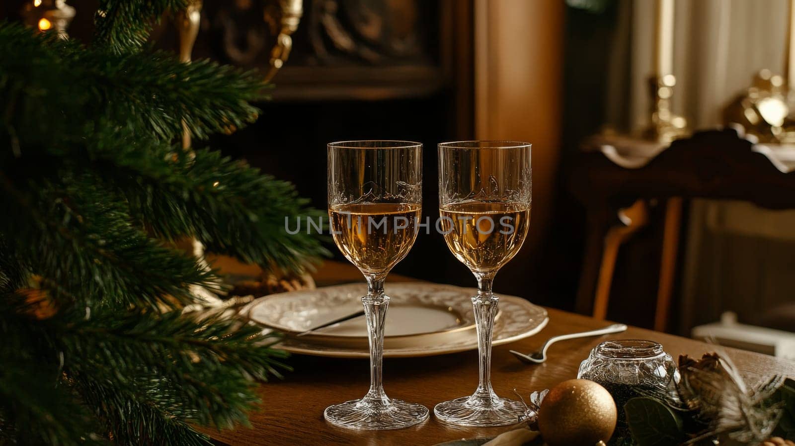 glass of champagne on christmas festive table, Generative AI, holidays