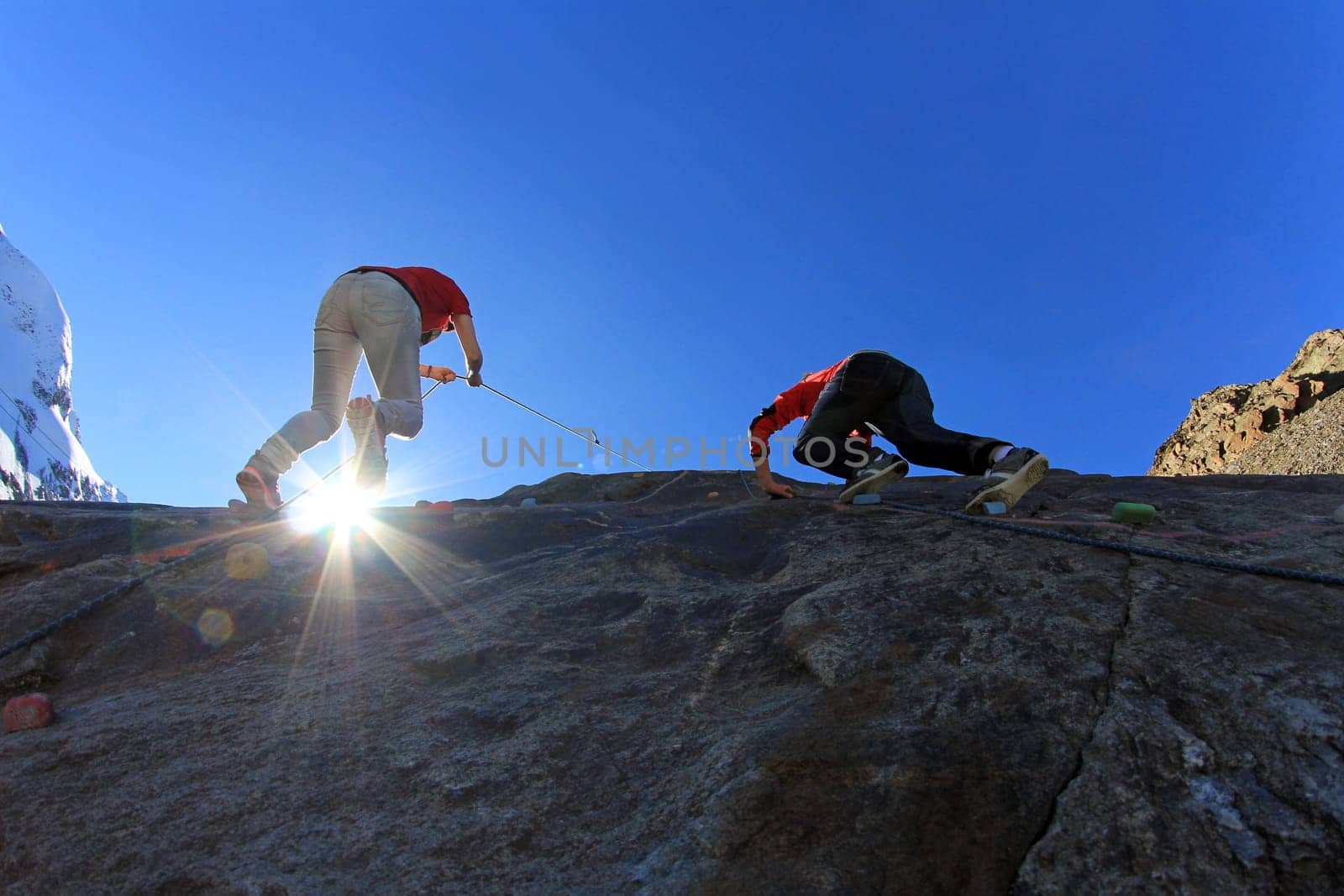 On the climbing wall in the direction of the sky