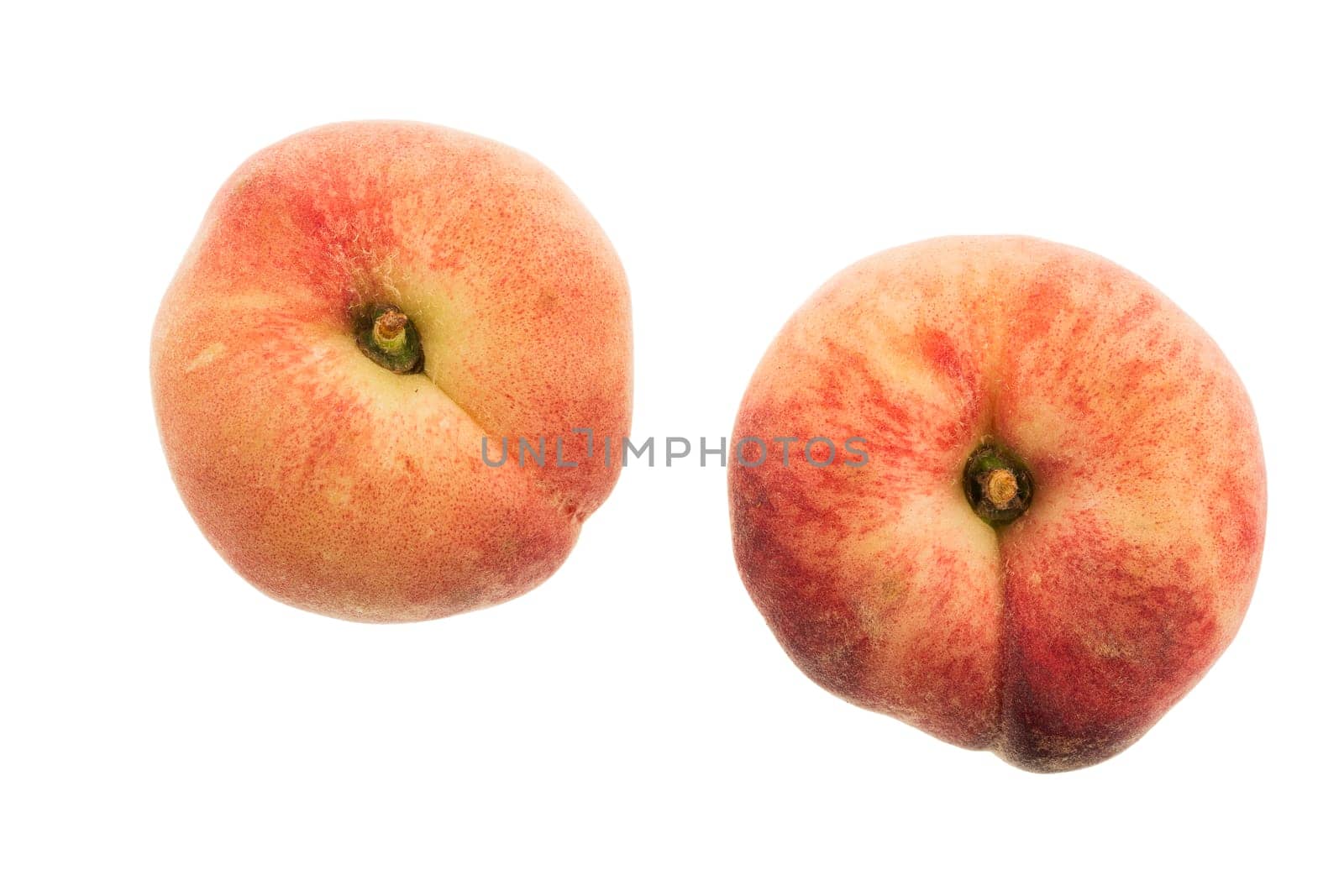 Two flat peaches isolated on white