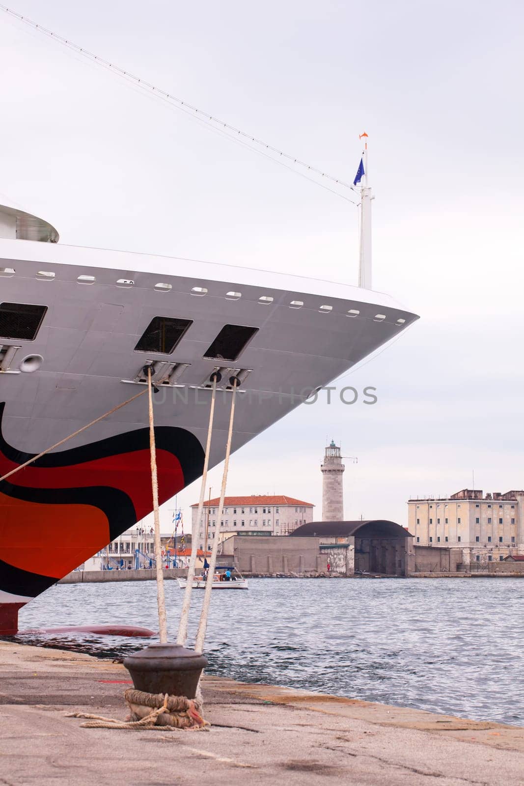 View of a ship docked in the Trieste pier, Italy