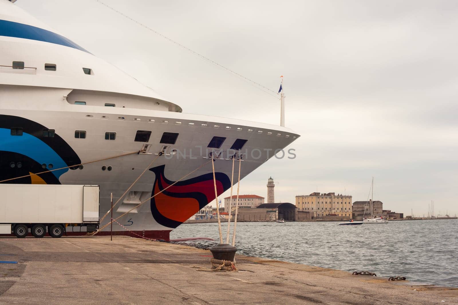 View of a ship docked in the Trieste pier, Italy