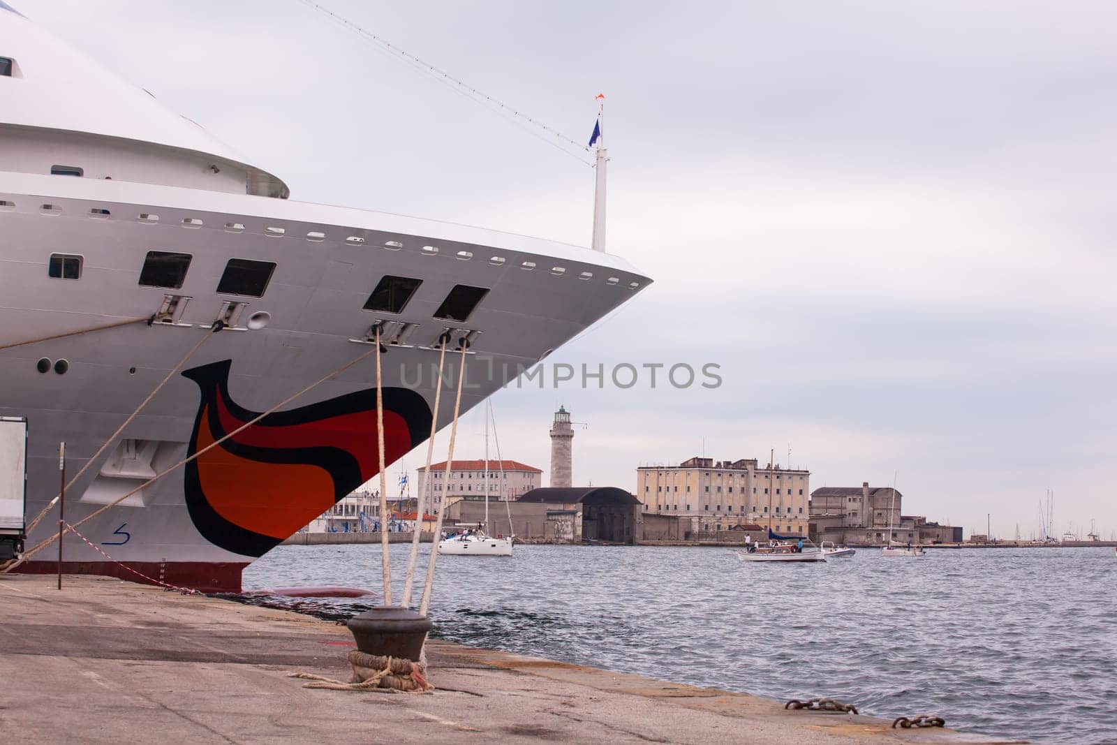 View of a ship docked in the Trieste pier, Italy