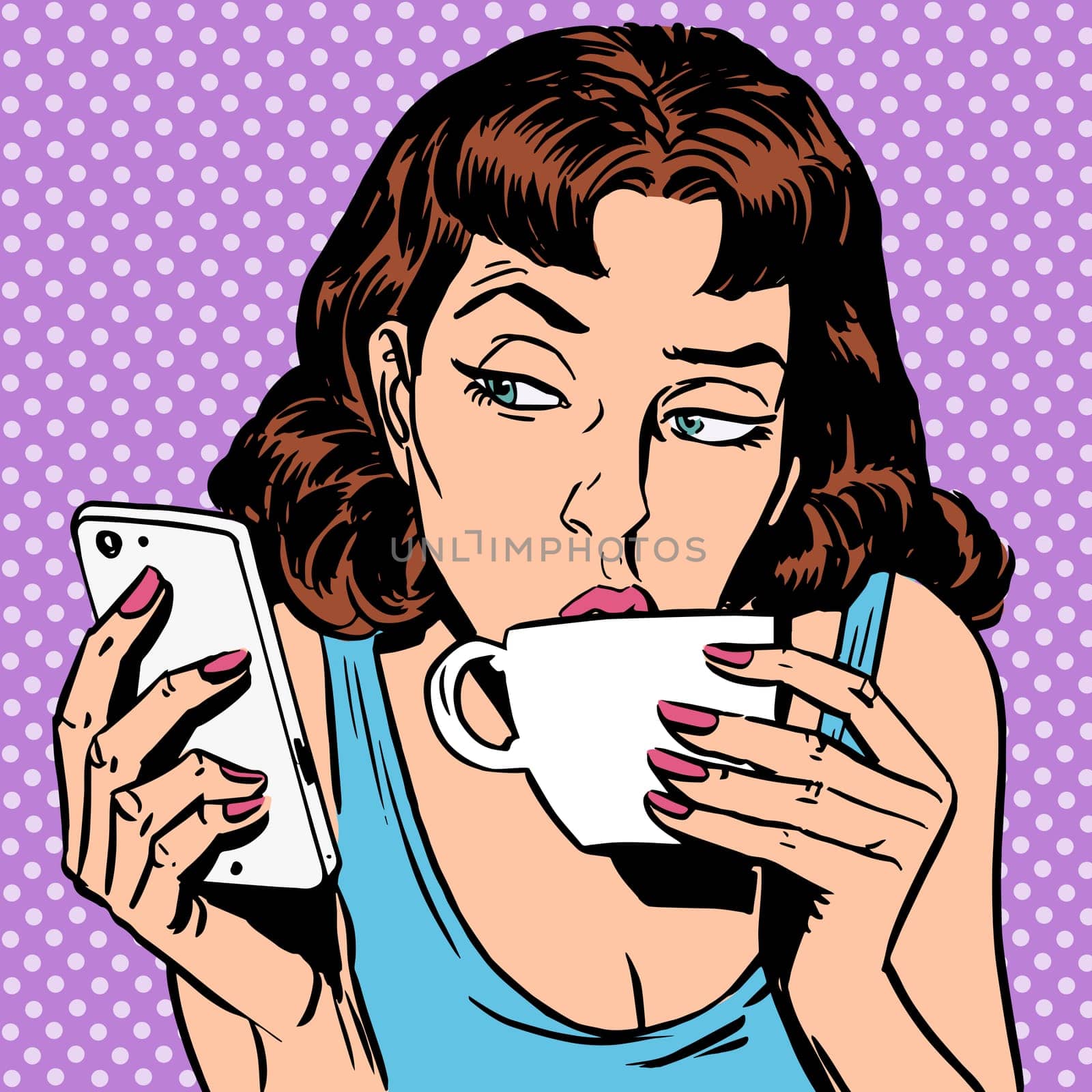 Tuesday girl looks at smartphone drinking tea or coffee. Lunchtime morning the rest of the evening