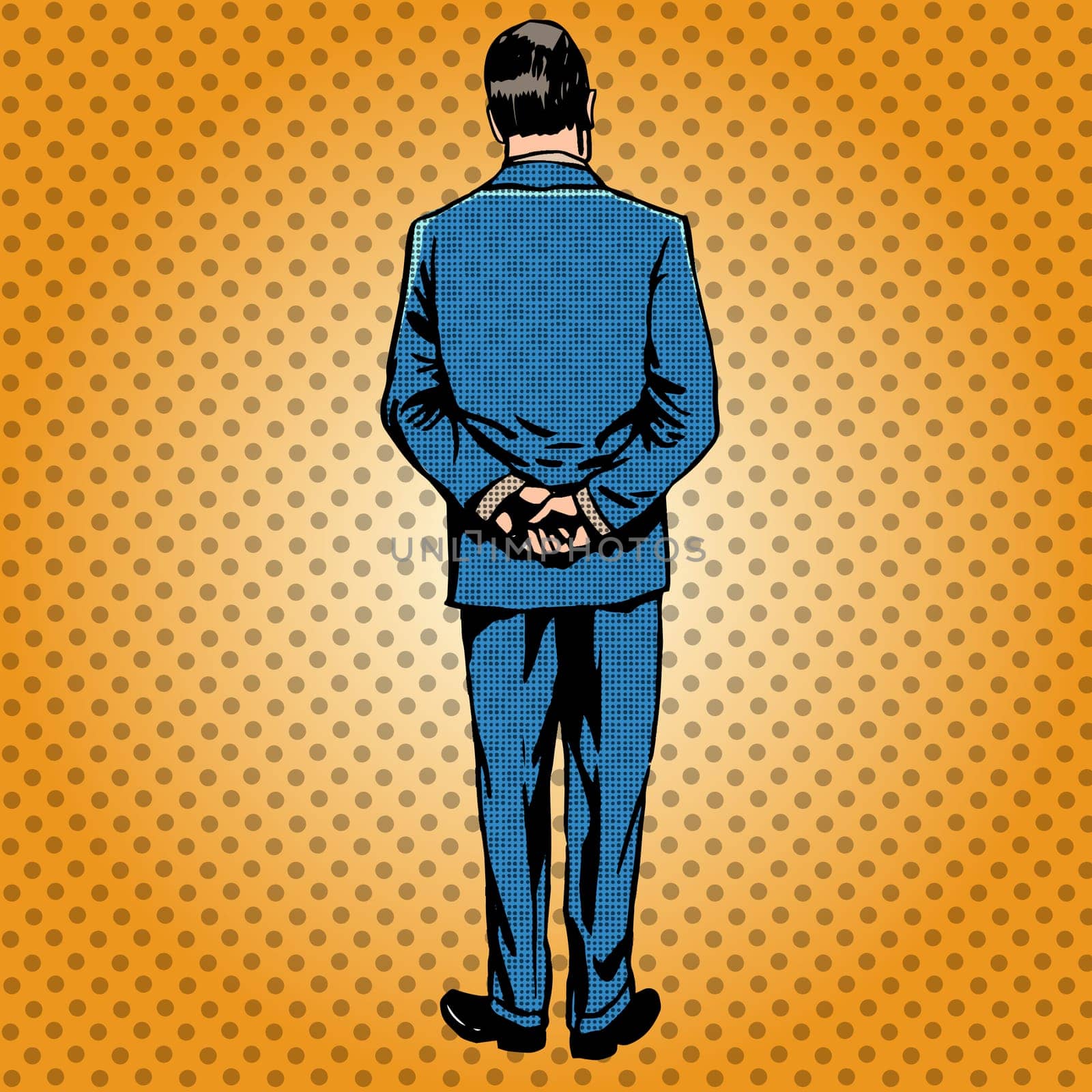 The man in the blue suit is back. Vintage retro orange background