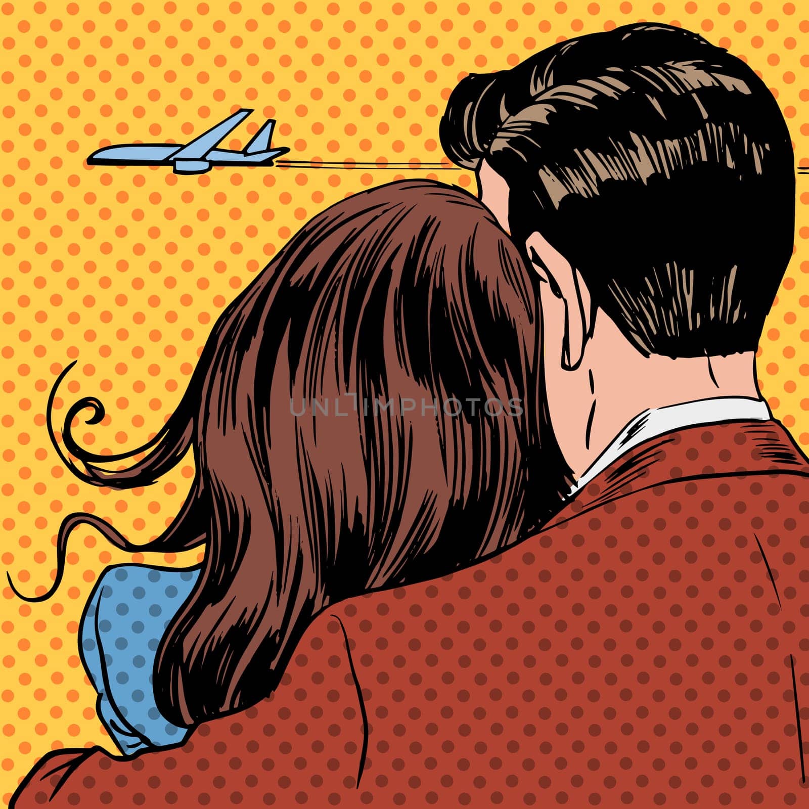 Loving couple looking at a plane taking off in the sky. A man and a woman hug and stand back
