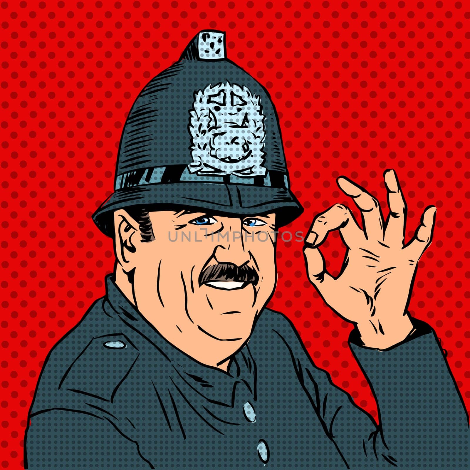 Good English policeman in uniform and helmet shows gesture OK. Positive police