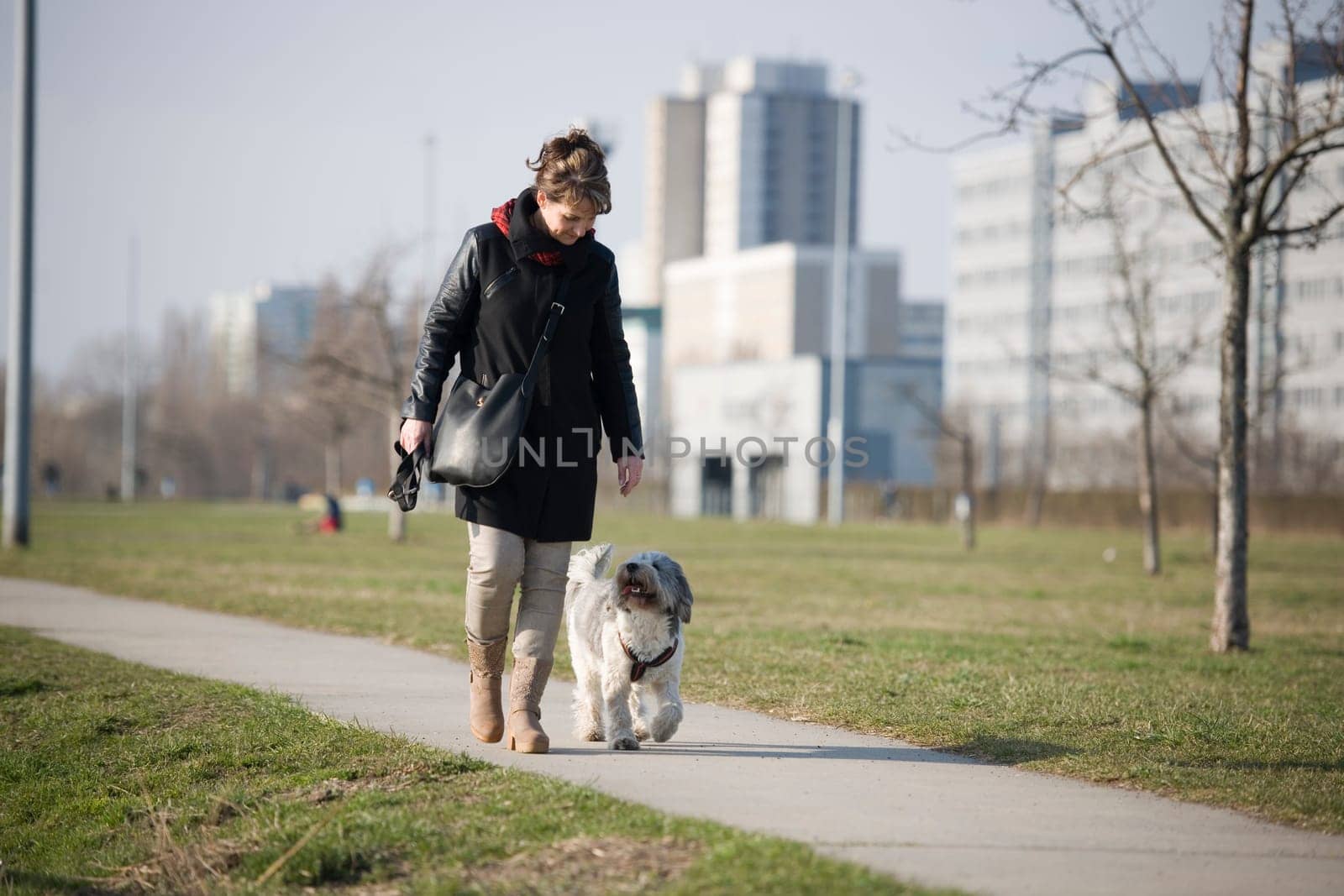 Full-body view of a woman with a mixed-breed dog on a concrete path running towards the camera