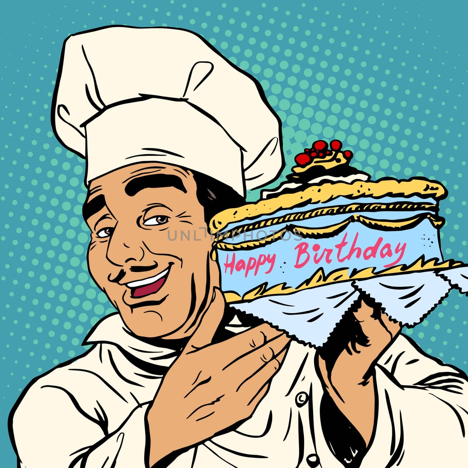 Pastry chef with birthday cake. The Italian man happily offers a holiday dessert