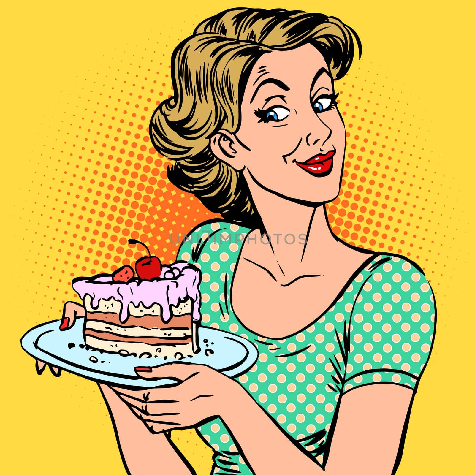 A woman and a dessert a piece of cake. The surprise treat food