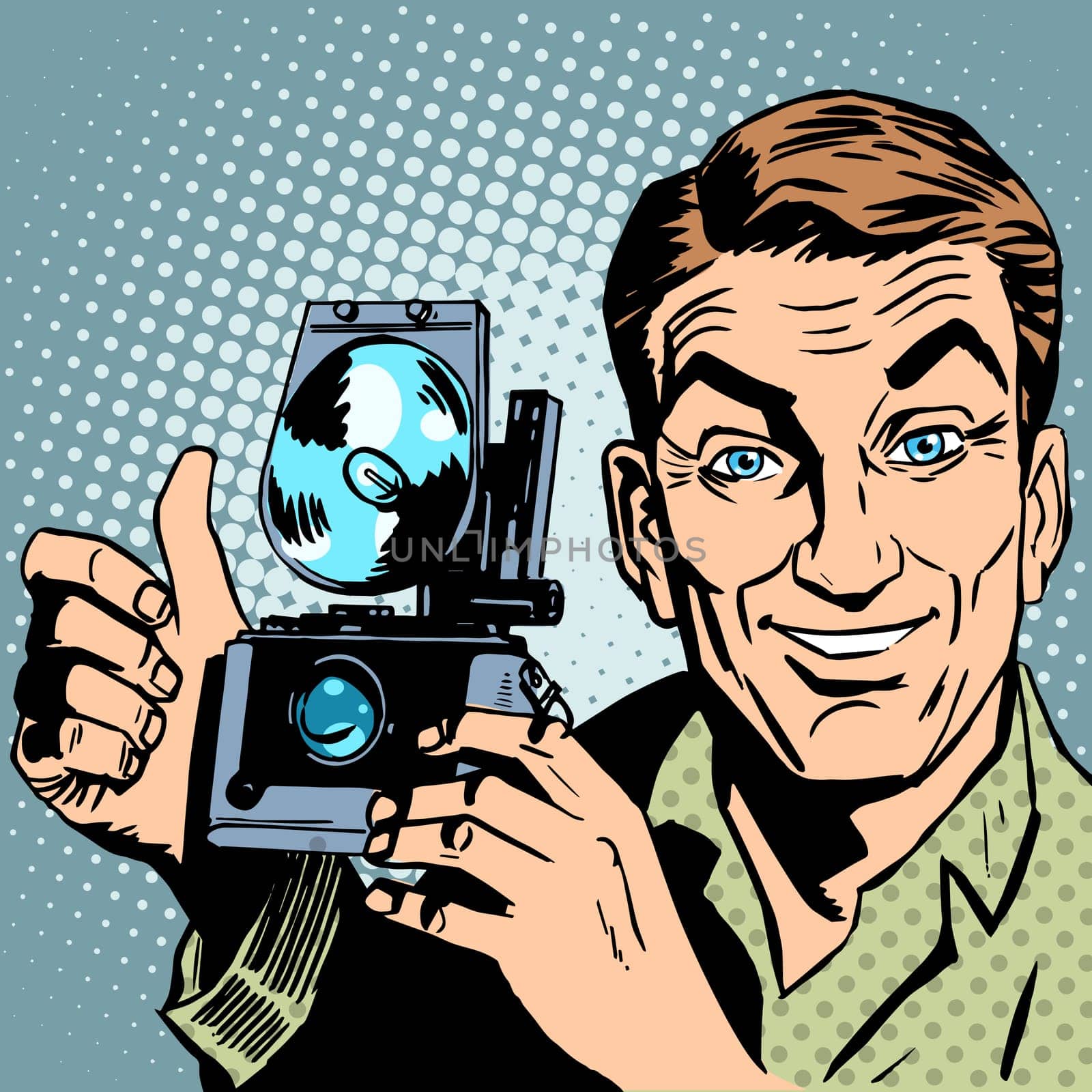 Photographer with retro camera hand gesture all is well. Reportage journalist blogger