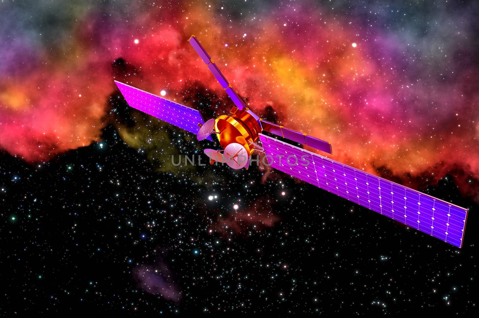 3D model of an artificial satellite of the Earth, equipped solar panels and parabolic satellite communications antenna