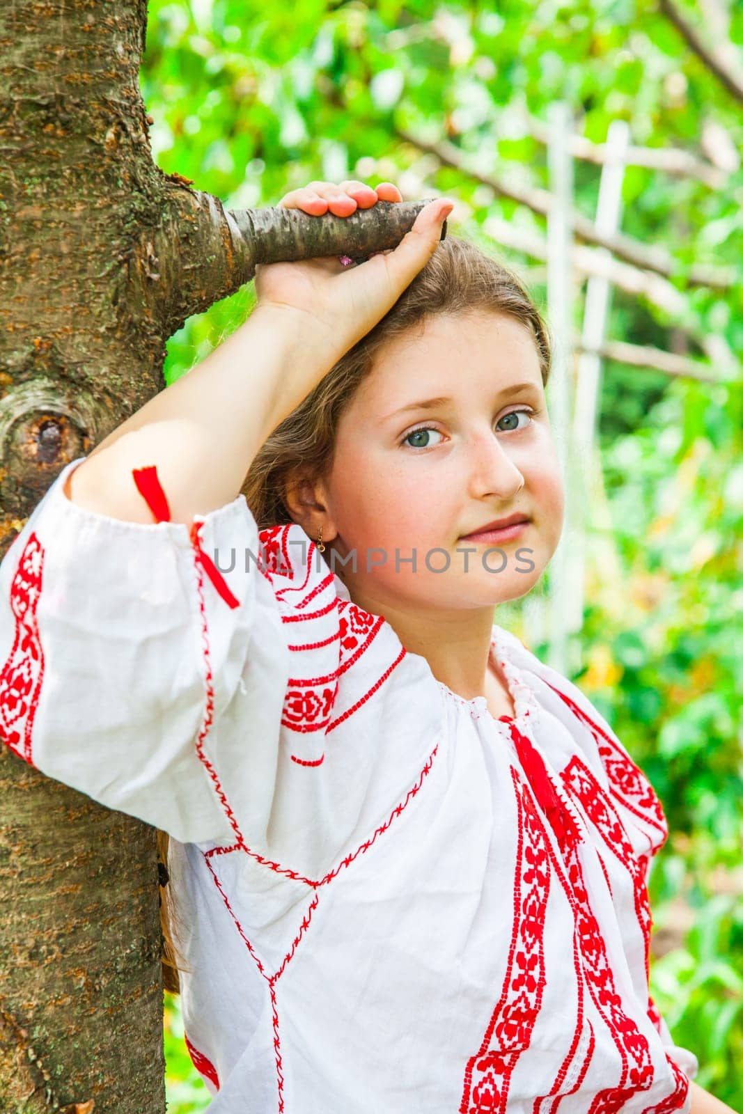 Portrait of a 10 year old girl wearing a Romanian traditional blouse.