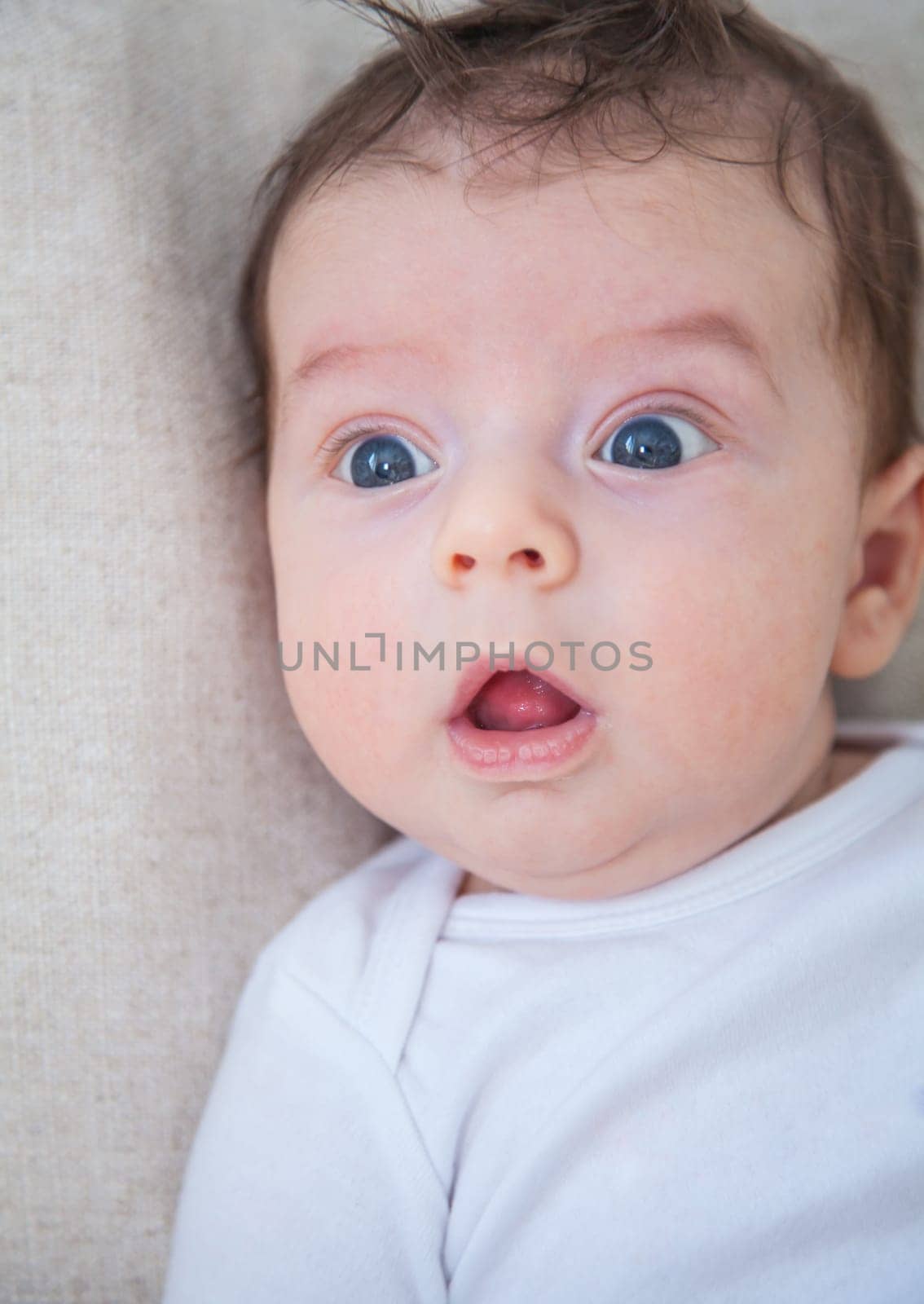 Baby boy of 2 months old at home on the sofa.