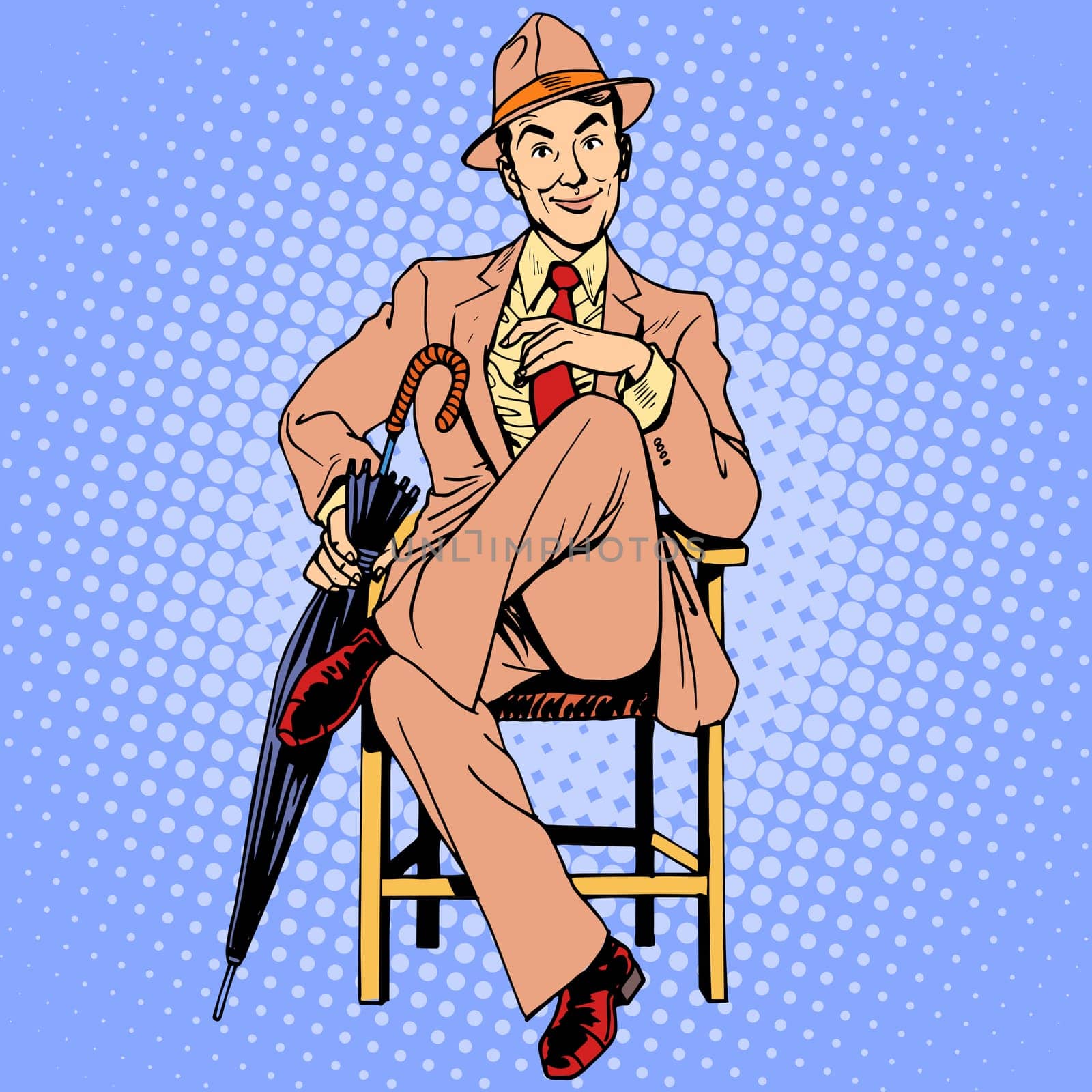 Elegant man with an umbrella sitting on the stool. Beauty man mod