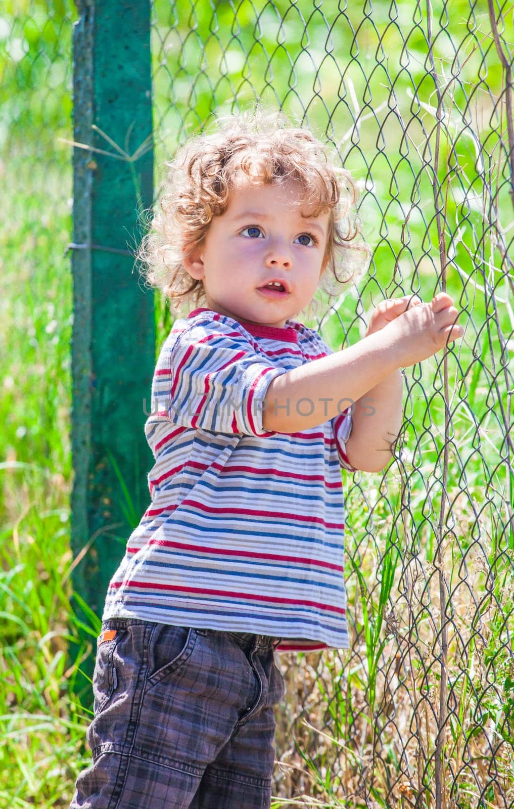 Portrait of 1 year old baby boy exploring the surroundings of his yard.