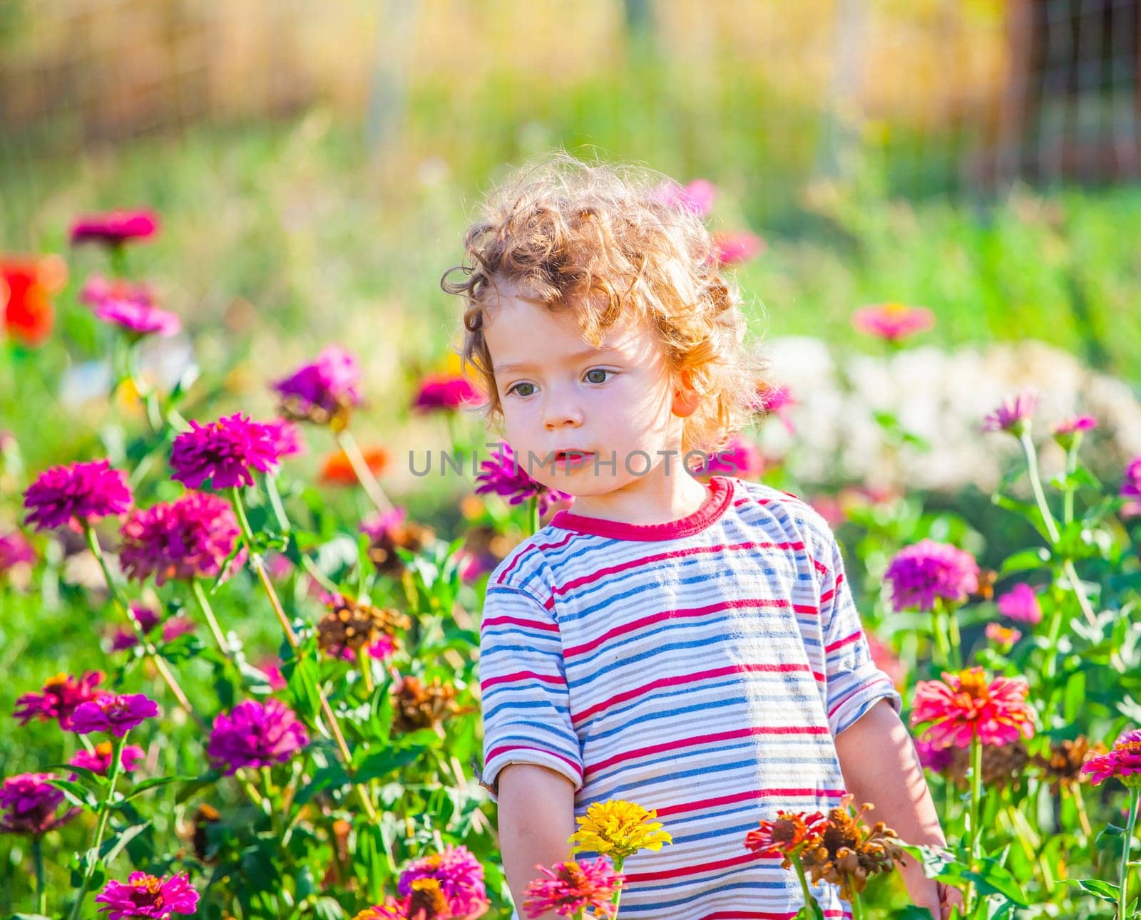 Portrait of 1 year old baby boy admiring the flowers in the garden on a sunny afternoon.