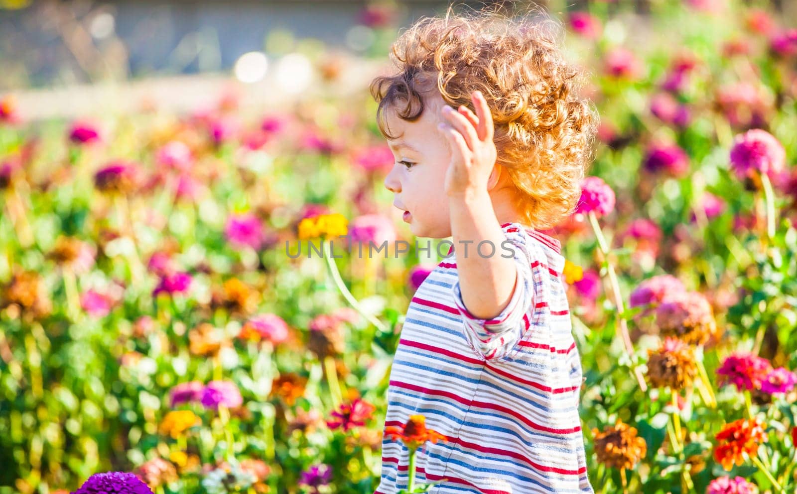 Portrait of 1 year old baby boy admiring the flowers in the garden on a sunny afternoon.