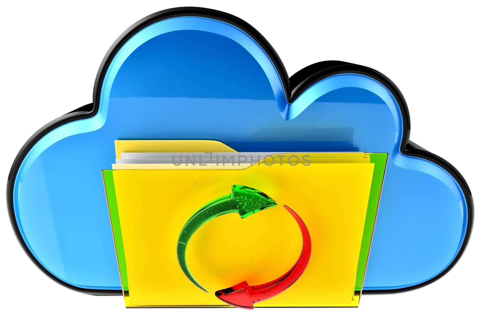 concept of cloud computing and circulation digital documents as is blue glossy cloud icon with folder and documents on white background