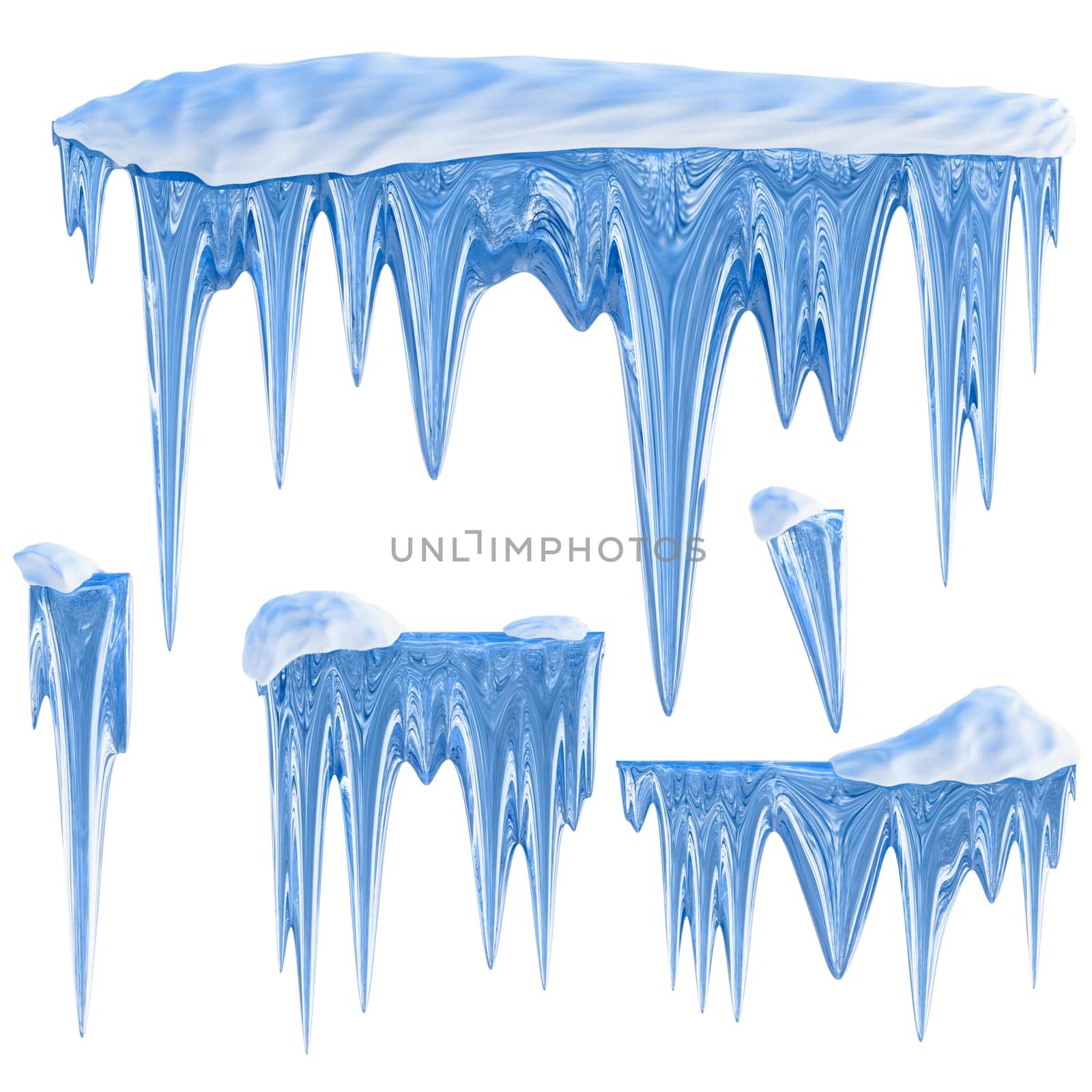 set of hanging thawing and melting blue dripping icicles, as a shiny crystal glass, with crisp spikes in icy winter season time from freezer make around arctic frost with icing on the scene