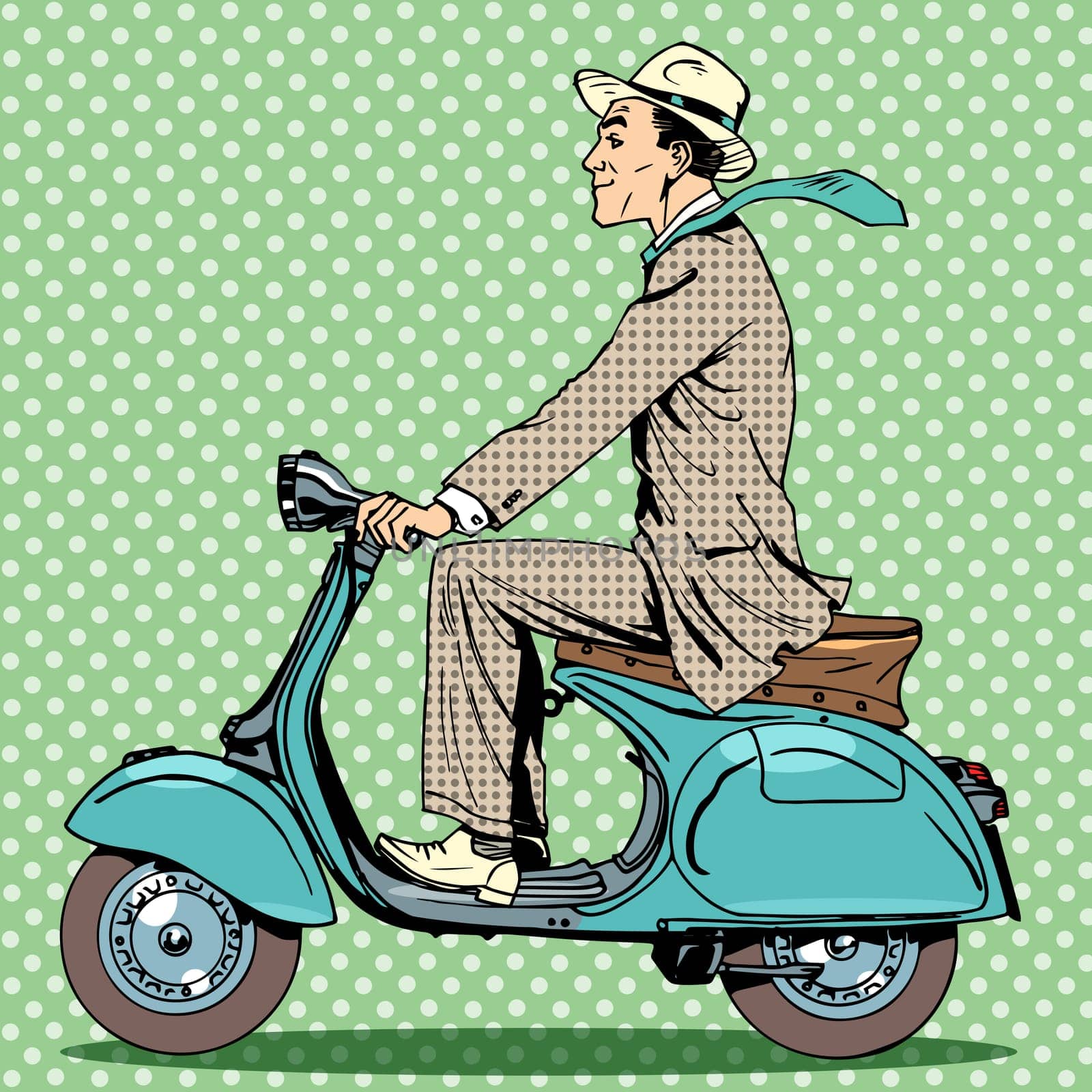 A man rides on a vintage scooter. Travel car road cars