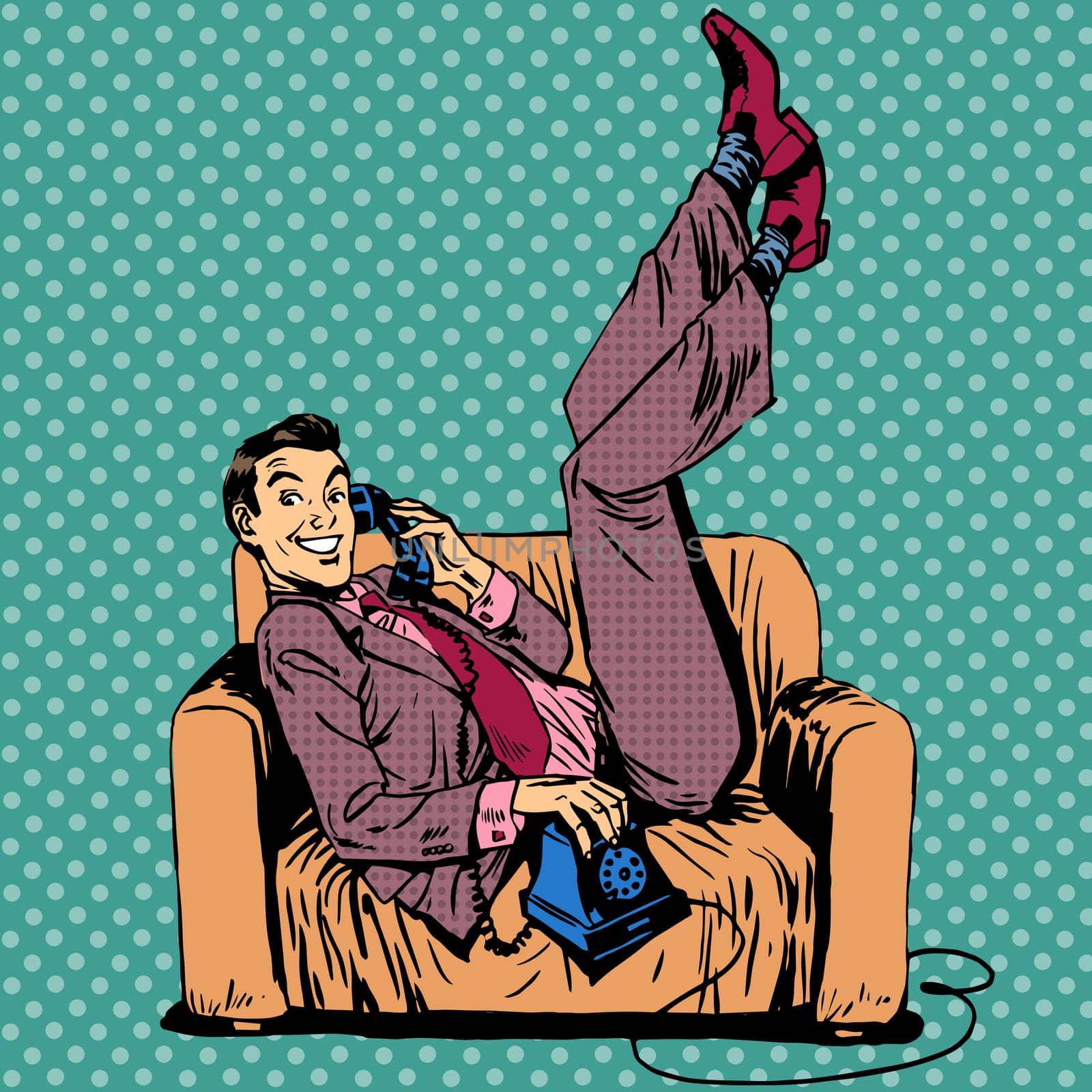 Lazy man on a sofa talking on the phone. The joy of positive slacker