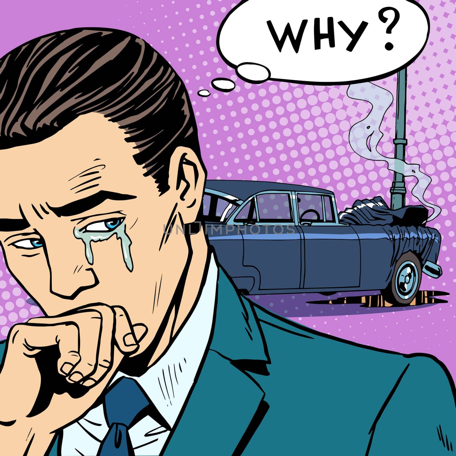 Man cries car accident. Car insurance road transport