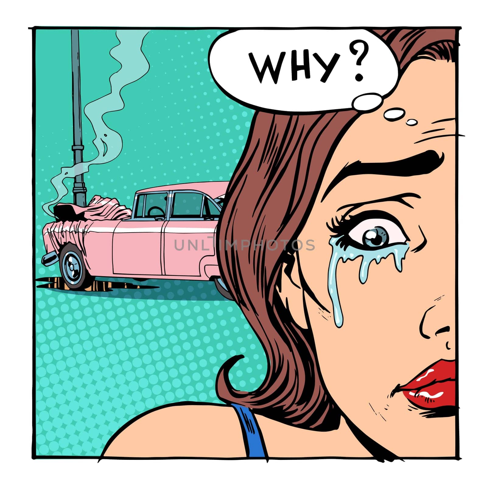 A woman cries crash broke the car. Car insurance emotions