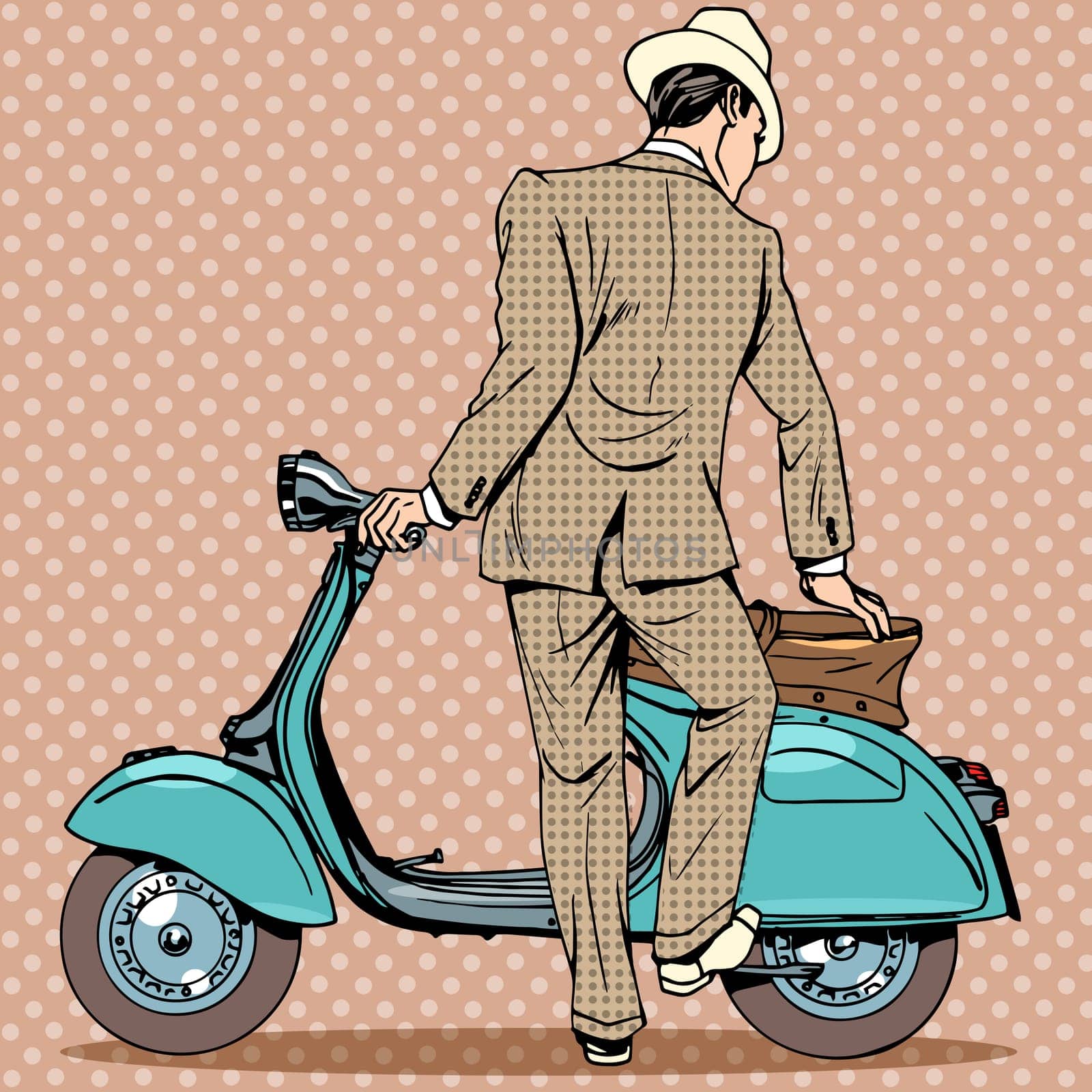 A man gets a scooter. Vintage retro transport road trip