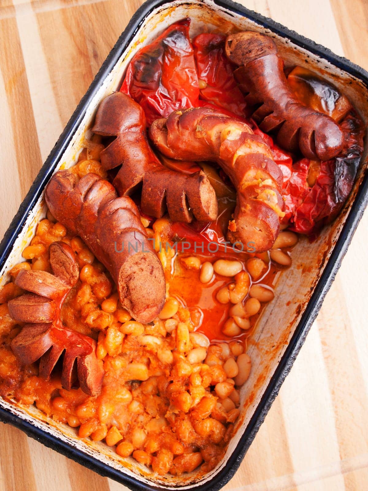 Baked sausage with beans