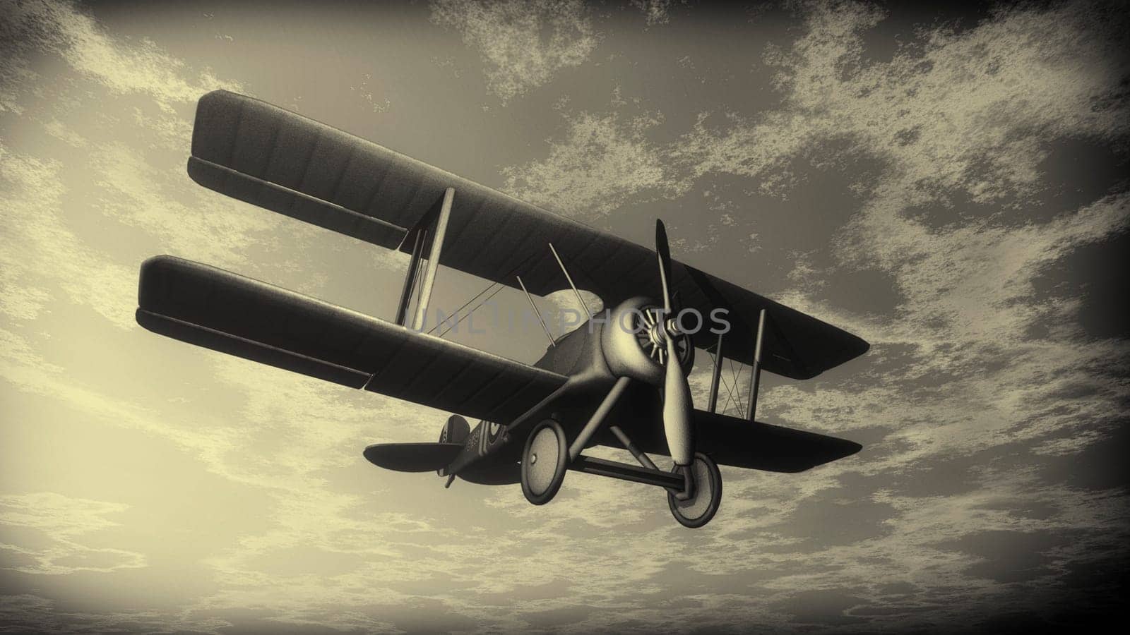 Biplane flying in the sunset cloudy sky, vintage style - 3D render
