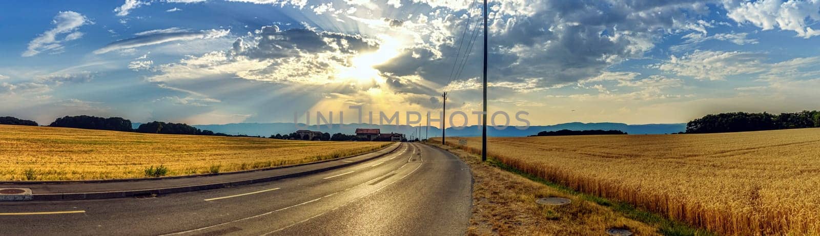 Countryside road to Jura mountain by cloudy evening, Geneva, Switzerland, HDR