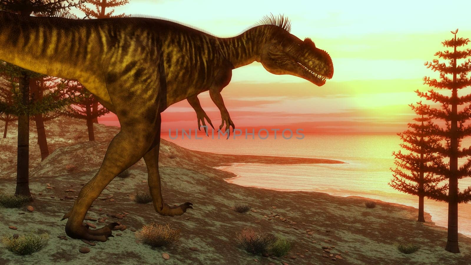 Megalosaurus dinosaur walking toward the ocean by sunset - 3D render